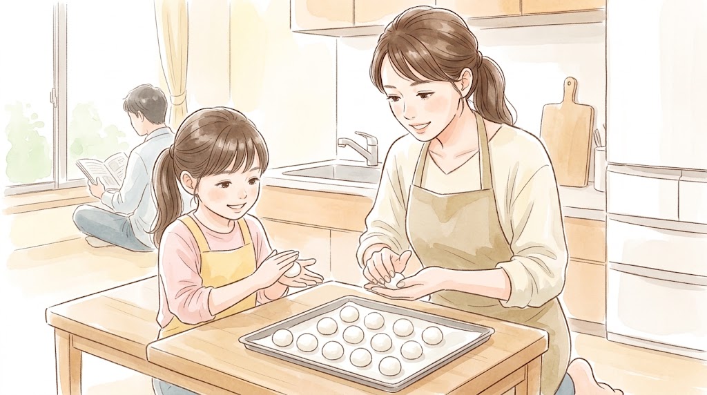 30代日本人主婦と小学生の娘が、一緒に笑顔で米粉団子を丸め、トレイに並べる様子。温かみのある水彩画風。