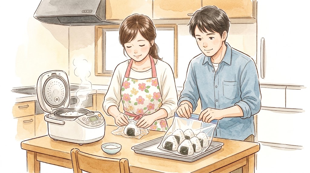 水彩画風のイラスト。自宅のキッチンで、日本人の主婦とお弁当のために冷凍用おにぎりを1個ずつラップでぴったり包み、フリーザーバッグに入れる夫。