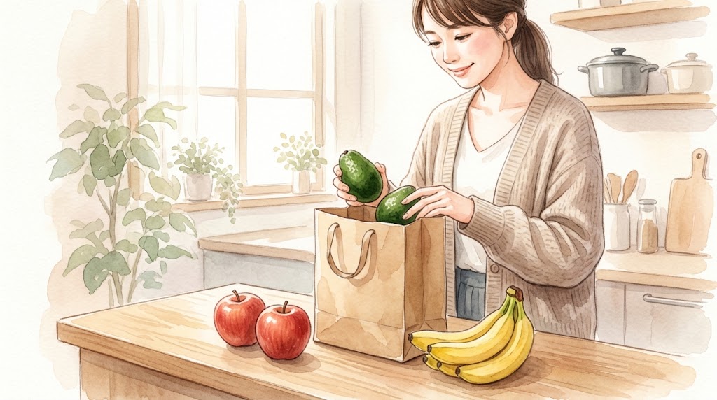 アボガドを早く熟成させるために、りんごやバナナと一緒に紙袋に入れる女性。温かい水彩画風のキッチン。