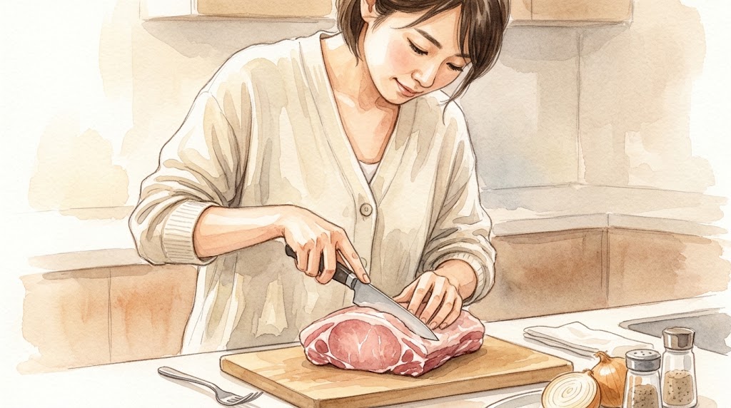 アジア人の女性が、木のまな板の上で豚肉の筋切りをしている様子。水彩画の温かい光が当たっています。
