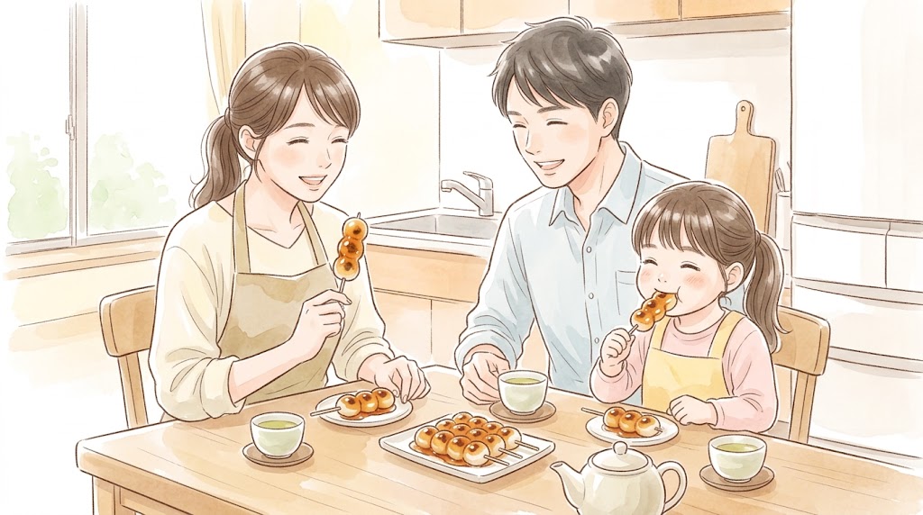 出来立てのみたらし団子を笑顔で食べる日本人家族（30代夫婦と小学生の娘）。温かみのある水彩画風。