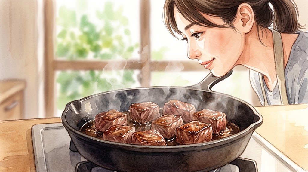 牛すね肉の表面をフライパンで香ばしく焼き、旨味を閉じ込める様子。