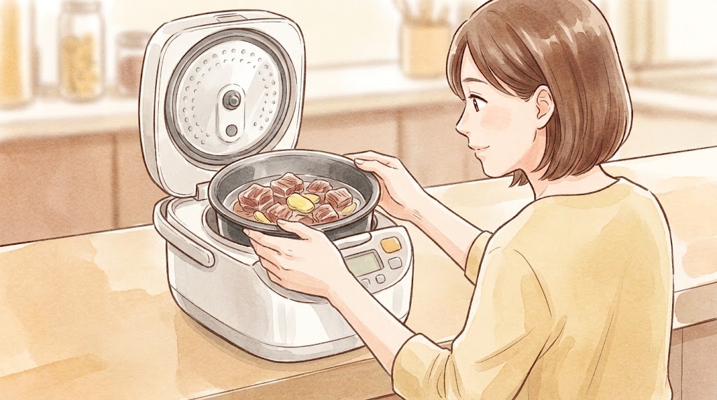 炊飯器を活用した牛すじカレーの「ほったらかし」調理。保温機能でじっくりと加熱し、コラーゲンをトロトロにする。
