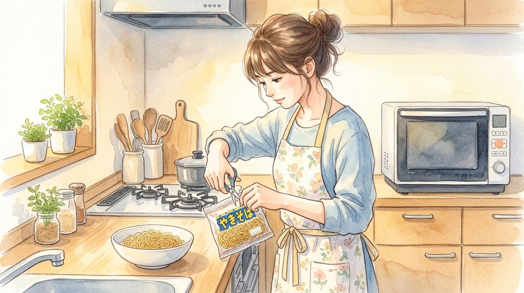 調理前に焼きそばの麺を袋のまま電子レンジで温めるため、袋に切れ目を入れる30代日本人主婦。