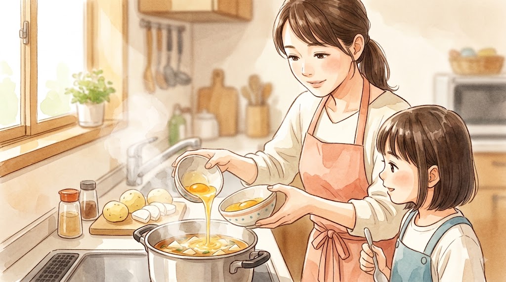 温かい雰囲気のキッチンで、味噌汁に溶き卵を回し入れる日本人の母親。卵がふんわりと固まり、まろやかで優しい味わいになる様子を表現。