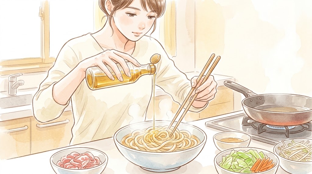 麺を炒める前に油を絡める下ごしらえ