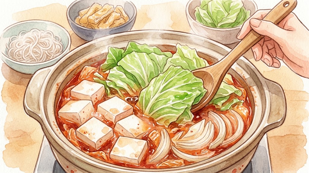 辛いスープを吸わせて味を整えるため、キムチ鍋に豆腐・キャベツ・玉ねぎを加える様子