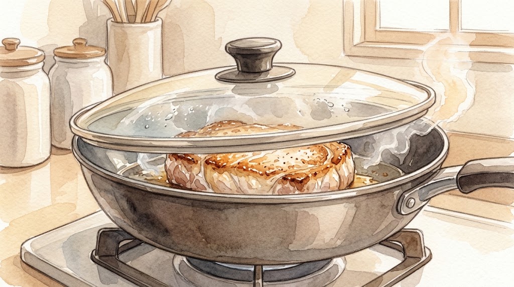 豚肉が焼かれているフライパンに蓋がされ、蒸気が立っている様子。ガラス蓋越しに肉が見えます。
