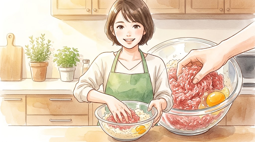 キッチンでおからハンバーグの黄金比（ひき肉、おから、卵）を混ぜ合わせる日本人主婦の水彩画