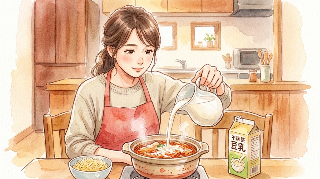 辛味を和らげるためにキムチ鍋へ豆乳（牛乳）をやさしく注ぐ女性の手元イラスト