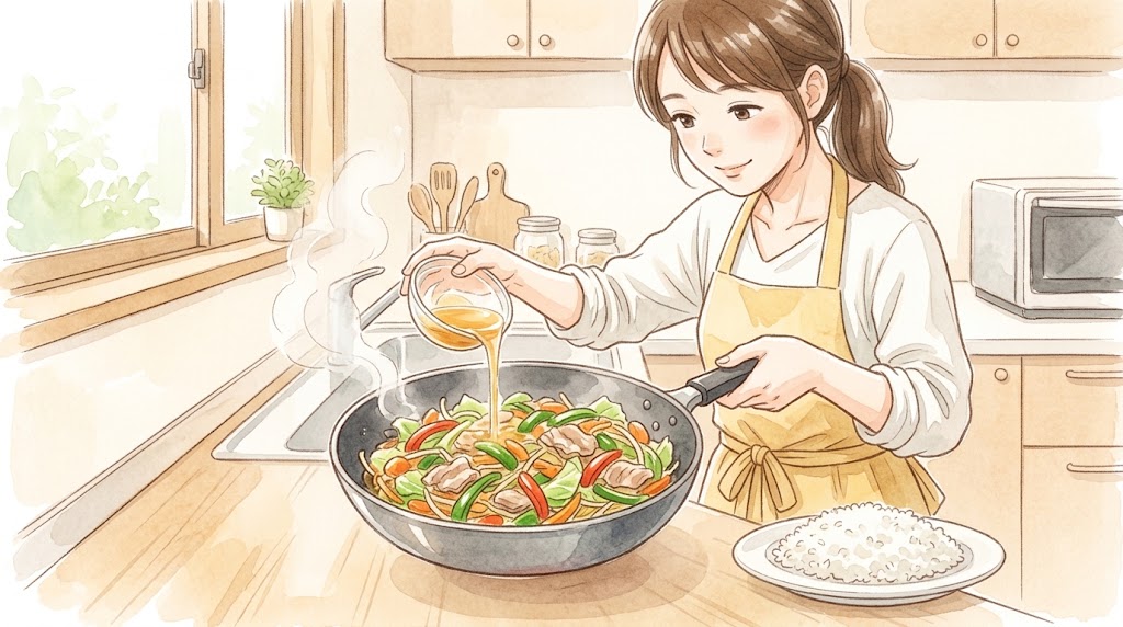 鍋肌から合わせ調味料を一気に投入し手早く炒める様子