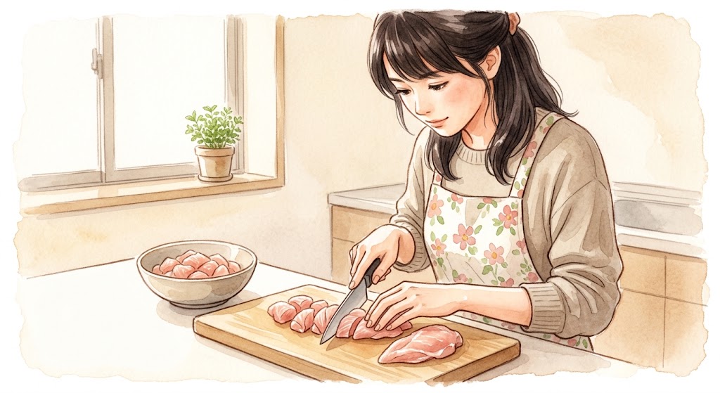 鶏むね肉の繊維を断ち切るように、そぎ切りにする日本人の女性の手元。