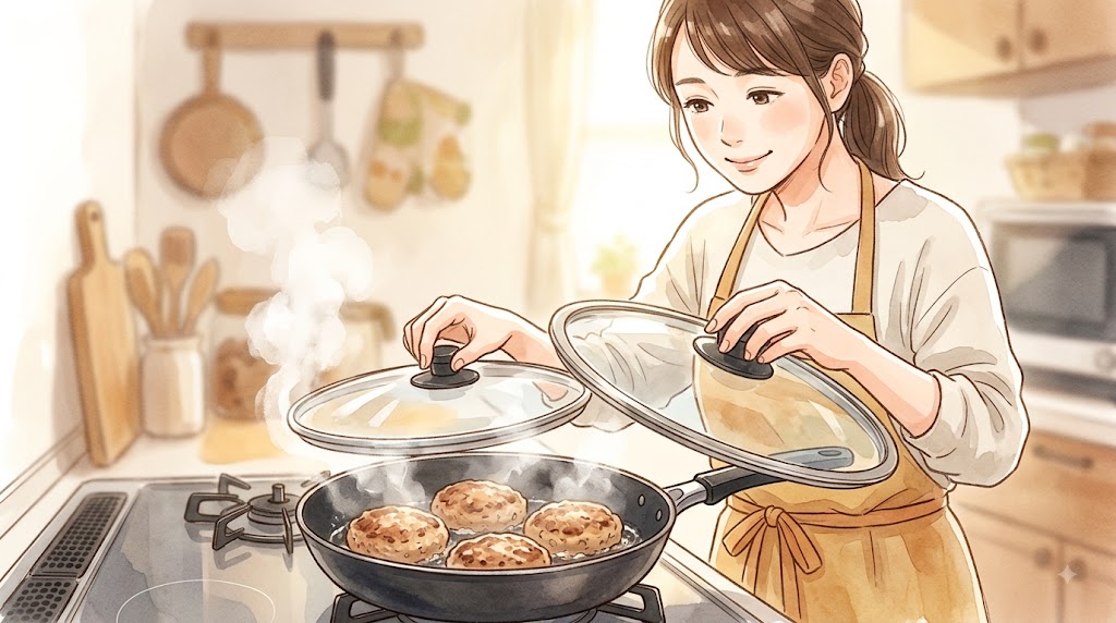 フライパンでおからハンバーグに水を加え、フタをして蒸し焼きにする調理風景の水彩画
