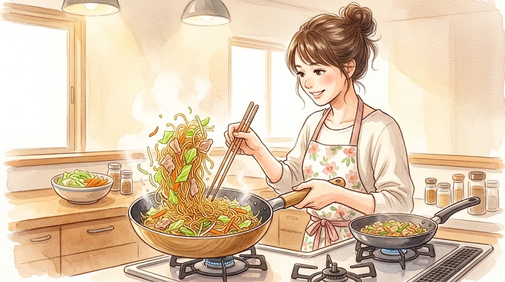 フライパンで焼きそばの麺と具材を別々に炒め、水分が出るのを防ぐ下ごしらえをする30代日本人主婦