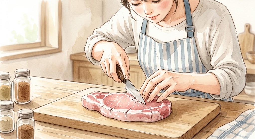 筋切りで加熱時の反り返りと縮みを防ぐ