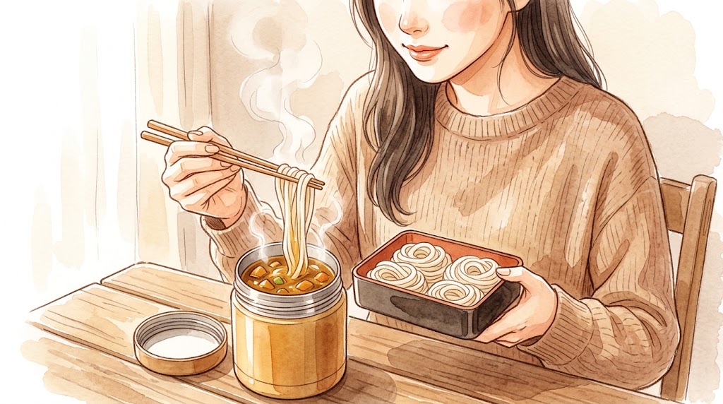 冬、スープジャーを活用した温かい具だくさんうどんのランチ